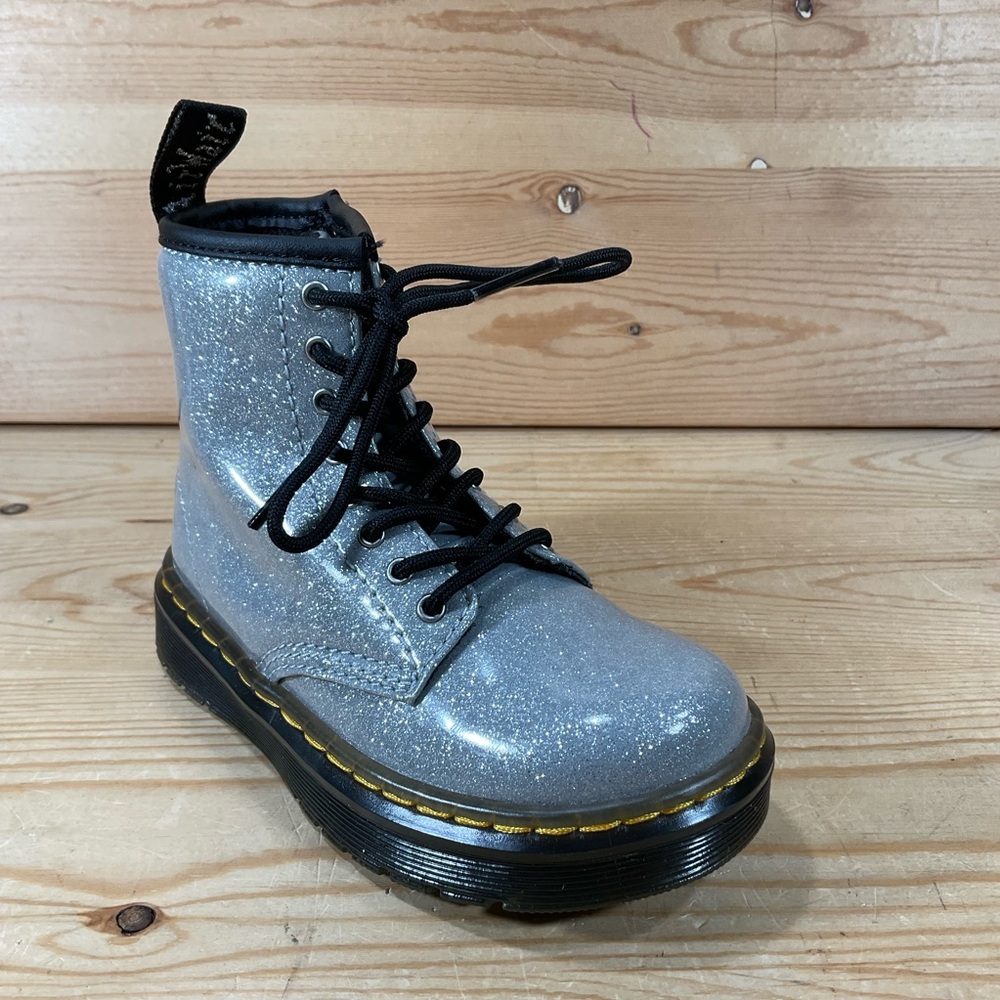 Dr. Martens Zavala Toddler Combat Boots Youth 9 Silver Glitter Black Lace & Zip